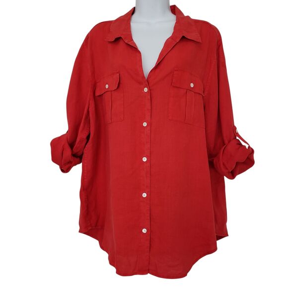 Tommy Bahama Linen Shirt Womens XL Red Long Sleeve Button Up Roll Tab Pcokets - Picture 1 of 13